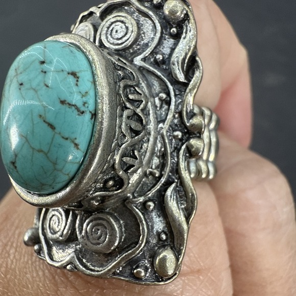 Vintage Turquoise Silver Tone Stretch Ring Big Comfortable Ring - Picture 2 of 16